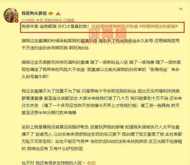 网红女主播狗头萝莉发文怒斥B站,因低俗被永久封号,扬言:不会这么算了!