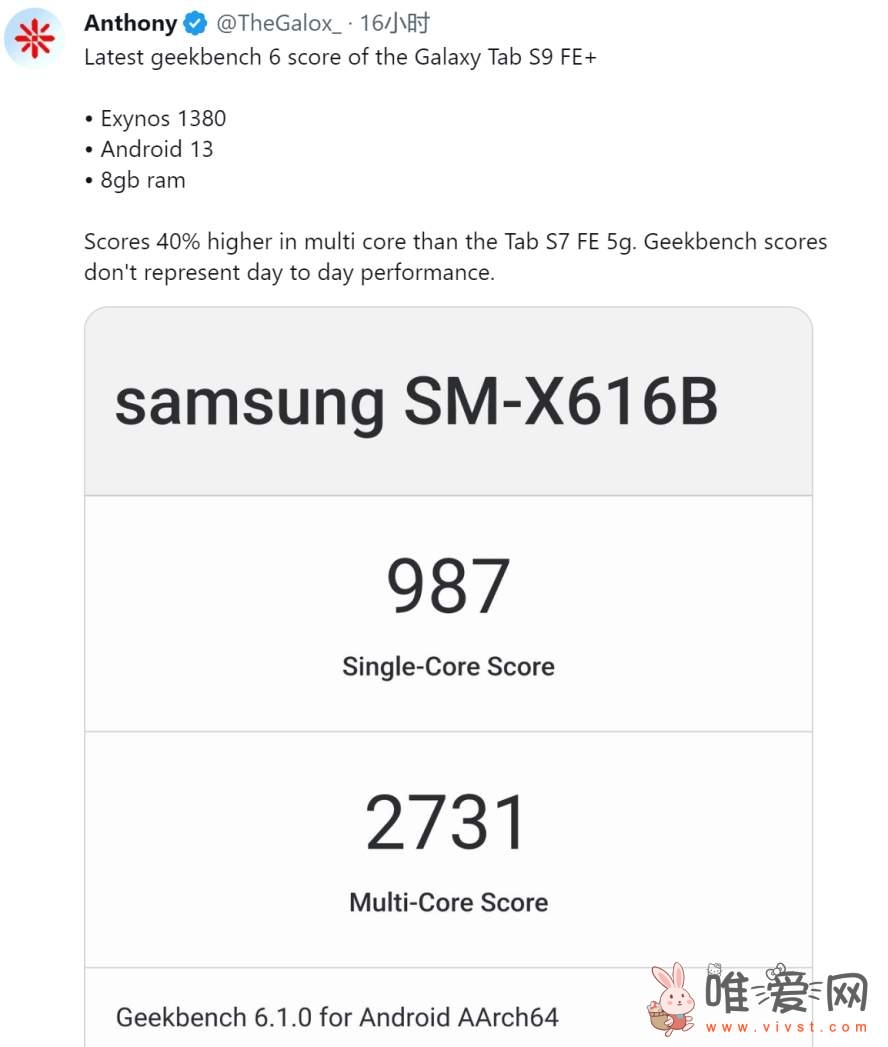 三星Galaxy Tab S9 FE+平板现身Geekbench:多核评分为2731!
