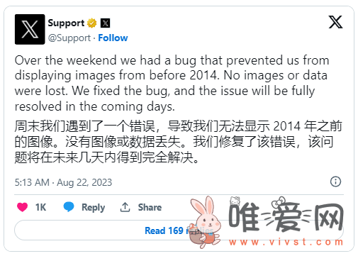网传X网站2014 年前的推特图片因“bug”消失：公司正在修复！