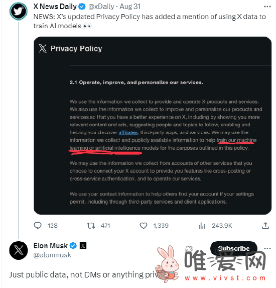 X（推特）调整隐私政策：可拿用户发布的信息训练AI模型！